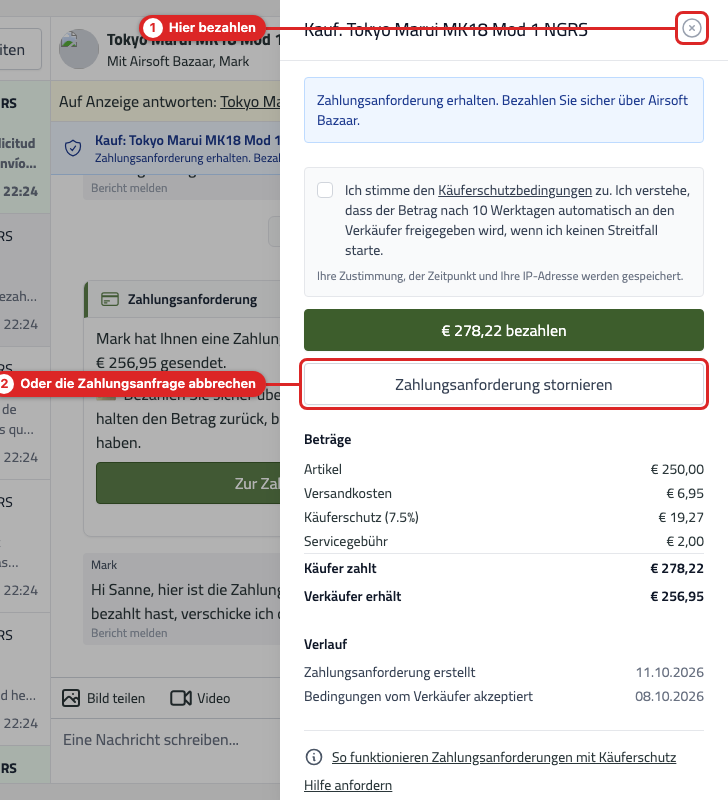 Die Kaufübersicht einer unbezahlten Zahlungsanforderung mit den Buttons Bezahlen und Zahlungsanforderung stornieren