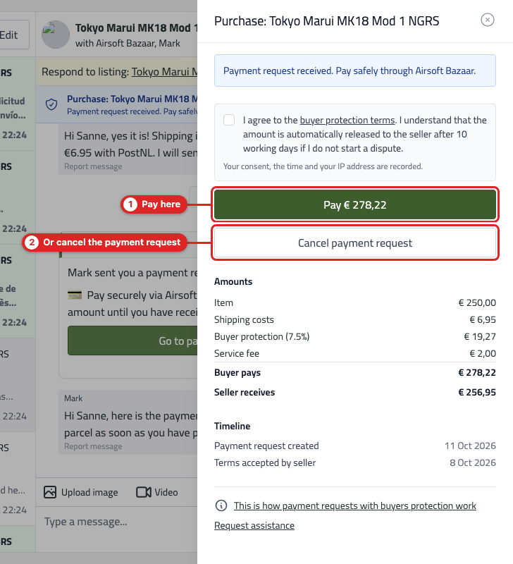 The purchase overview of an unpaid payment request with the Pay and Cancel payment request buttons