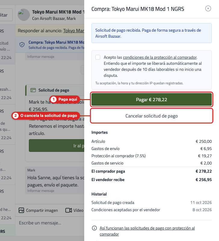 El resumen de la compra de una solicitud de pago sin pagar, con los botones Pagar y Cancelar solicitud de pago