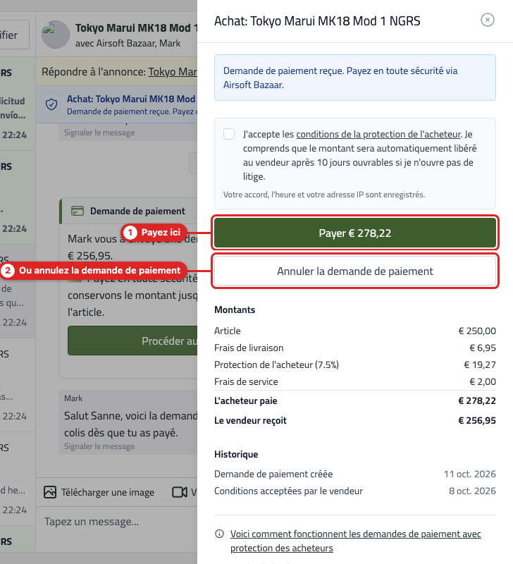 L'aperçu de l'achat d'une demande de paiement non payée, avec les boutons Payer et Annuler la demande de paiement
