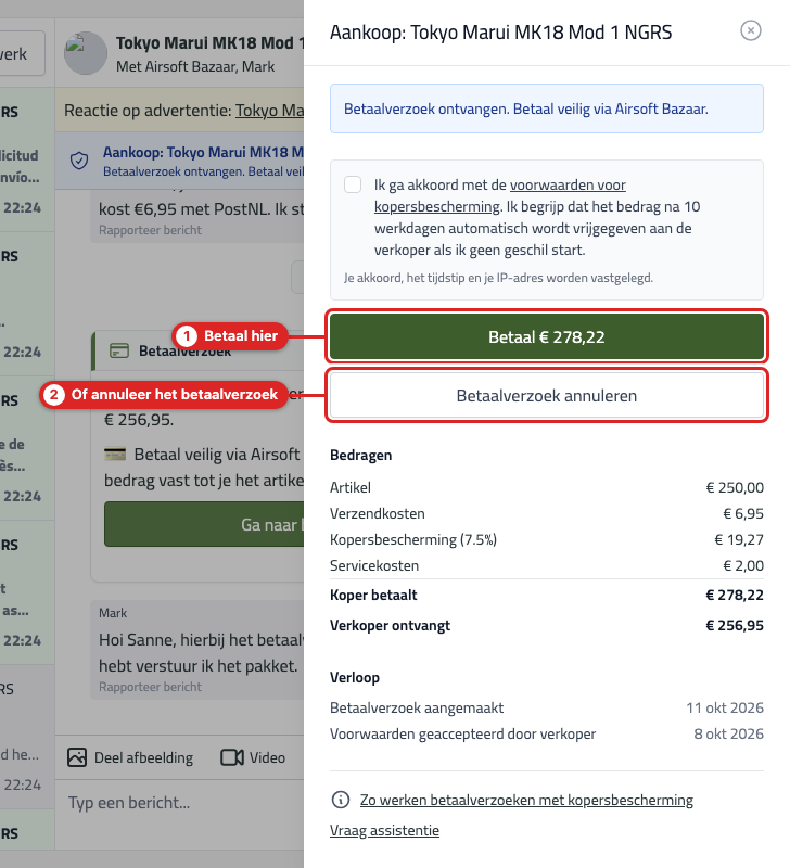 Het aankoopoverzicht van een onbetaald betaalverzoek met de knoppen Betaal en Betaalverzoek annuleren